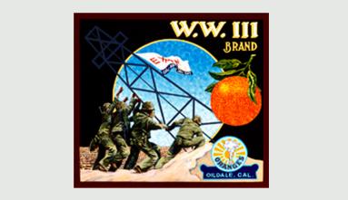 an orange crate label combined with war imagery by ben sakoguchi